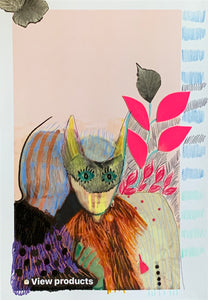 Sarah Jane Hender 'The Cat', 2021 Acrylic, spray paint, watercolour pencil, paper cut outs on digital print 29.7x21cm