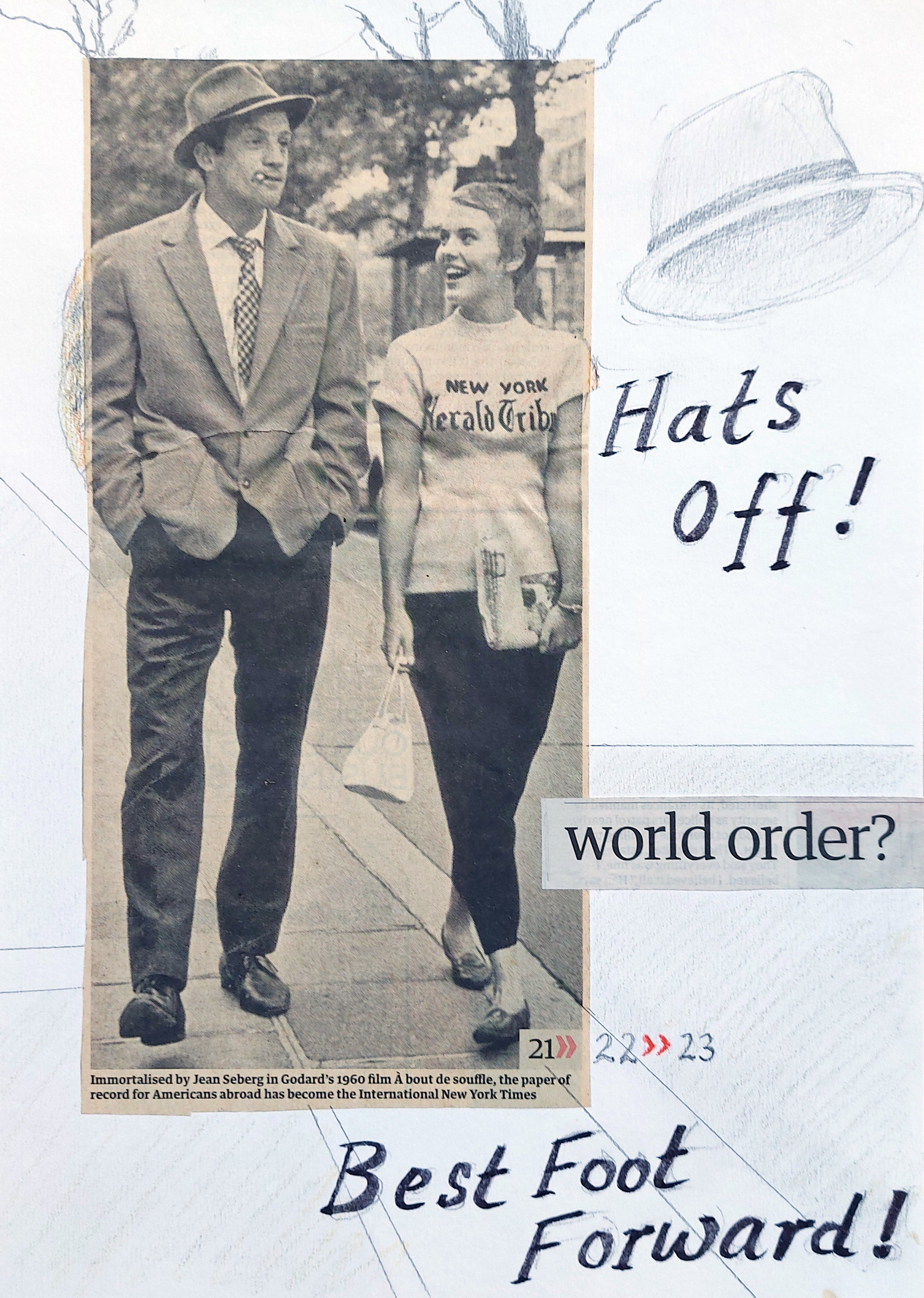 Hugh Mendes 'Hats off', 2021 Pencil, coloured pencil, collage on paper 29.7x21cm