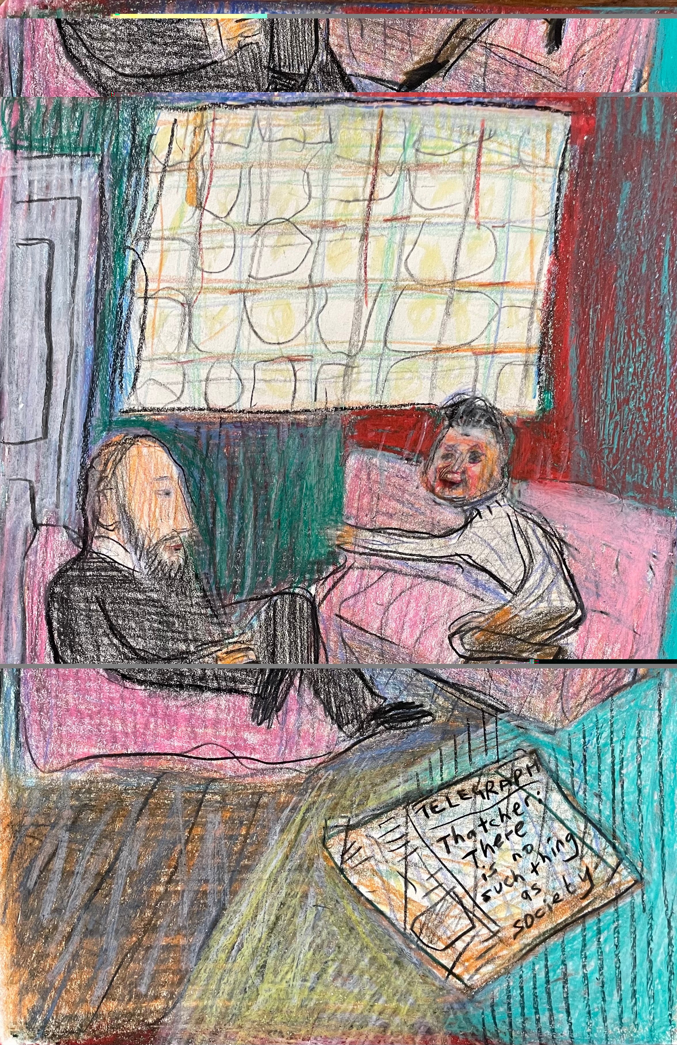 Matthew Collings 'David Sylvester and Francis Bacon', 2025 Coloured pencil on paper 29.7x21cm (11.7x8.3 in)