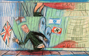 Matthew Collings 'Giant BBC tongue up Farage’s arse or Farage’s giant fart on knowledge and news', 2025 Coloured pencil on paper 21x29.7cm (8.3x11.7 in)