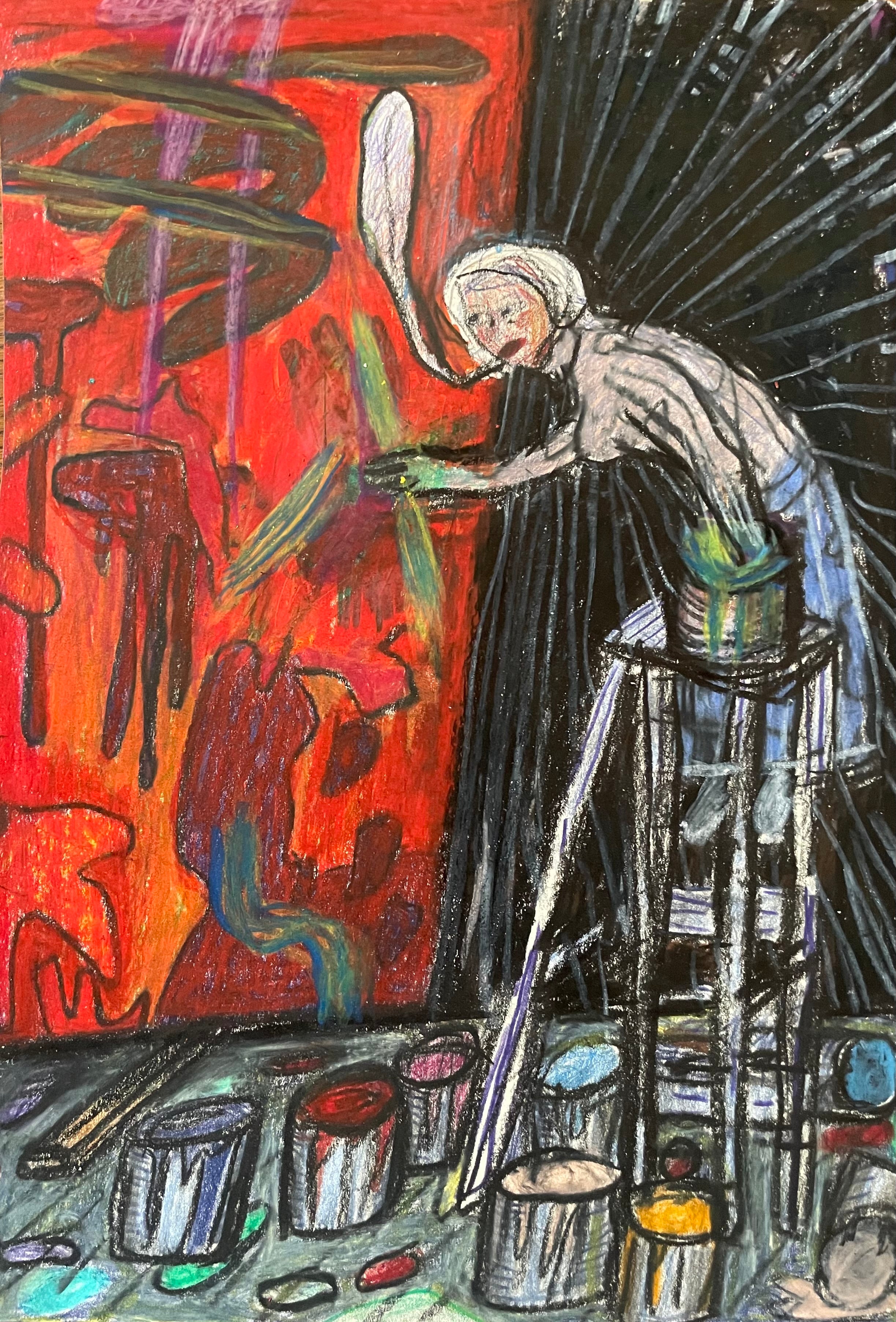 Matthew Collings 'Gillian Ayres up a ladder', 2025 Coloured pencil on paper 29.7x21cm (11.7x8.3 in)