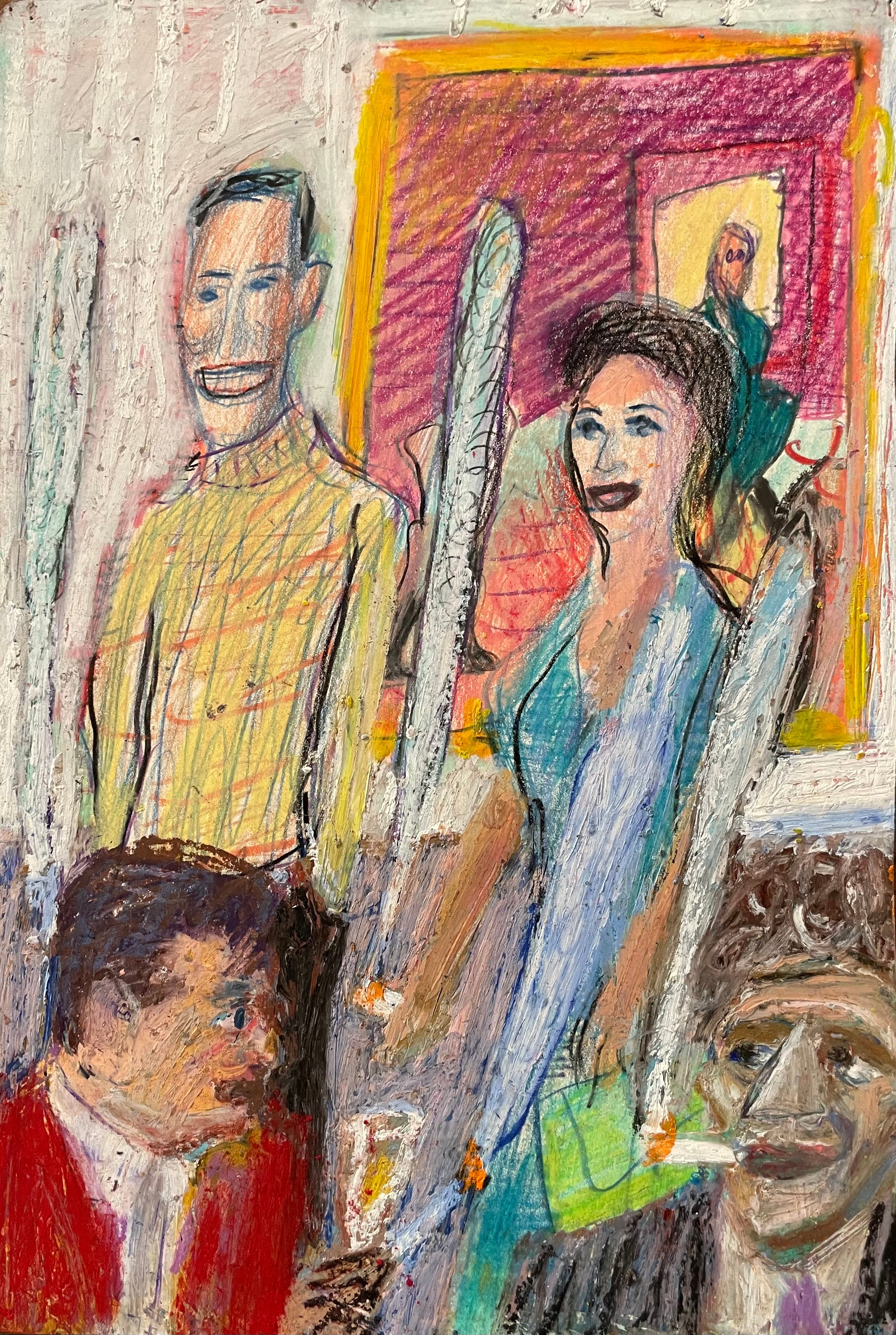 Matthew Collings 'Lord Snowdon and Princess Margaret in the 60s arriving at a Marlborough private view by mistake.', 2025 Coloured pencil on paper 29.7x21cm (11.7x8.3 in)