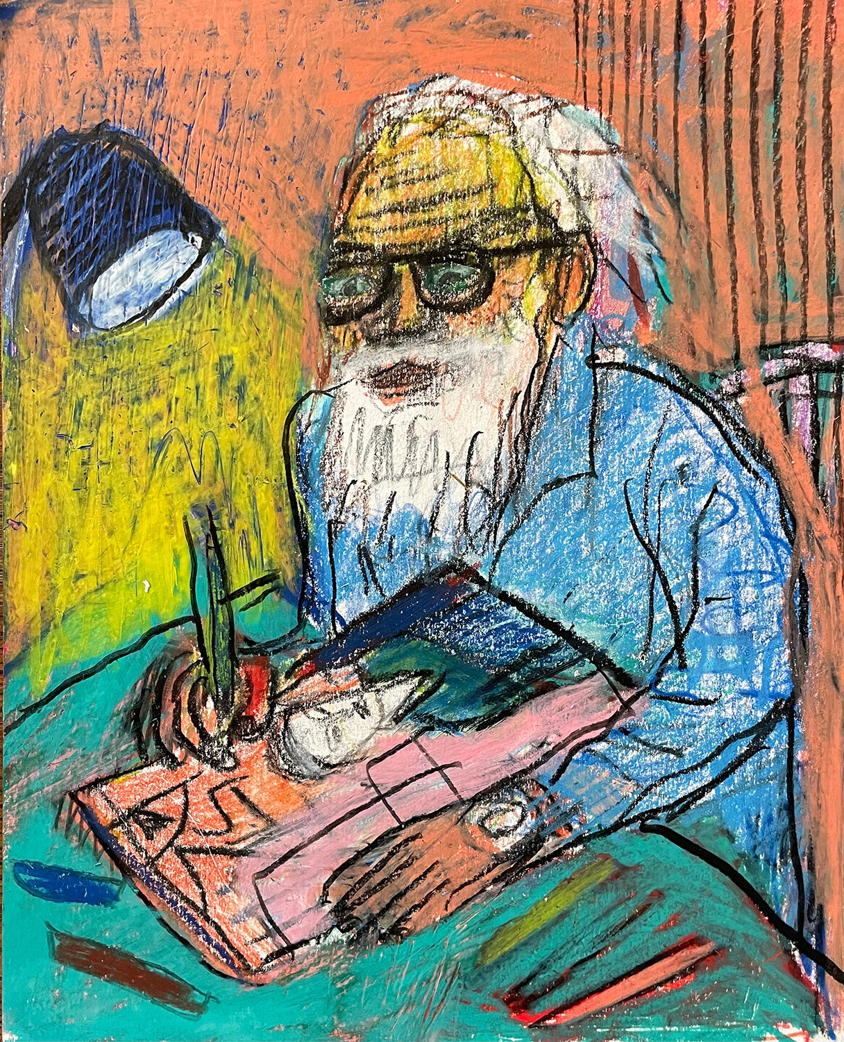 Matthew Collings 'Self-portrait drawing De Kooning painting Attic 1949', 2025 Coloured pencil on paper 22x19cm (11.7x8.3 in)