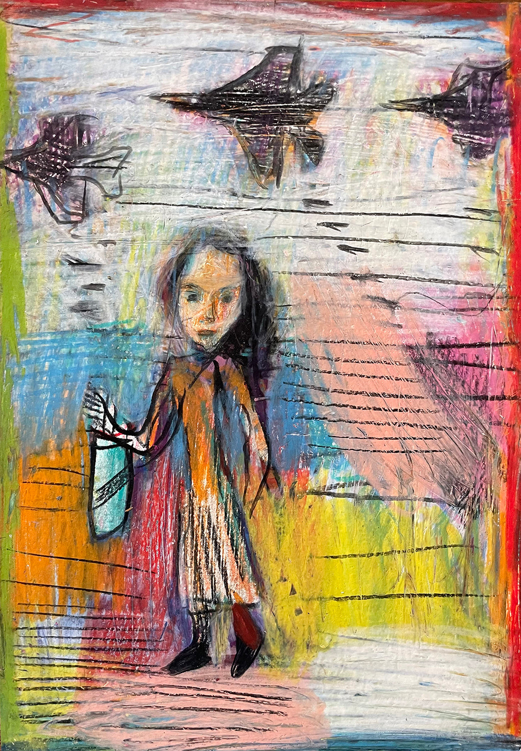 Matthew Collings 'Woman under bombs in Gaza', 2025 Coloured pencil on paper 29.7x21cm (11.7x8.3 in)