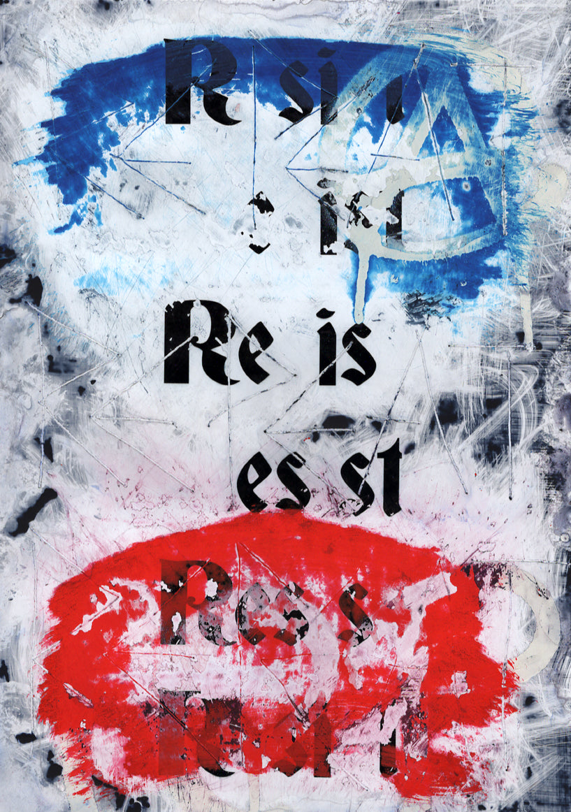 Zavier Ellis 'Resist (Repeat) I (Tricolour)', 2021 Acrylic, emulsion, spray paint on digital gloss print 29.7x21cm