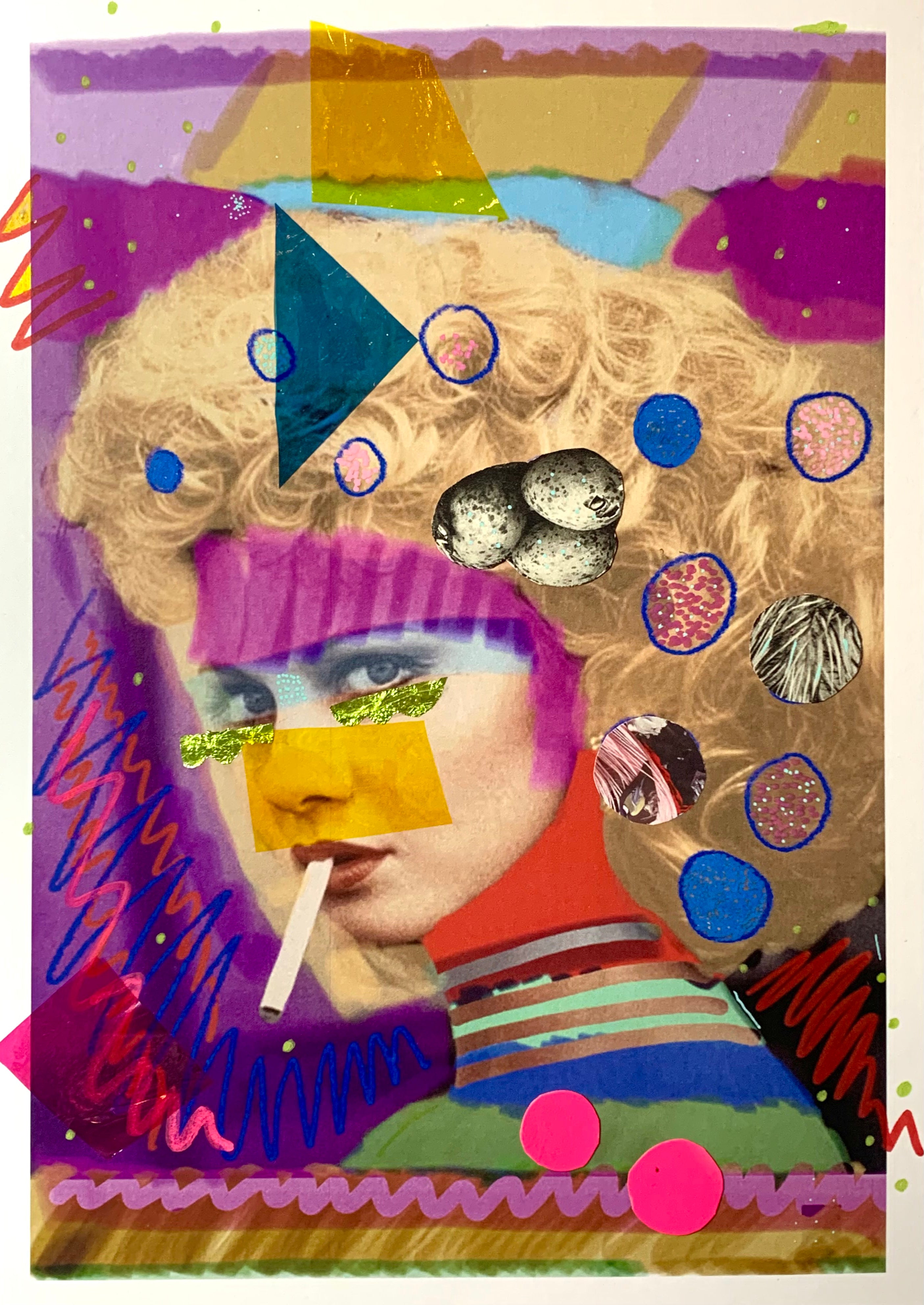 Sarah Jane Hender 'The Bird', 2022, Acrylic, chalk, collage, on digital print 29.7x21cm