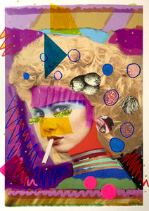 Sarah Jane Hender 'The Bird', 2022, Acrylic, chalk, collage, on digital print 29.7x21cm
