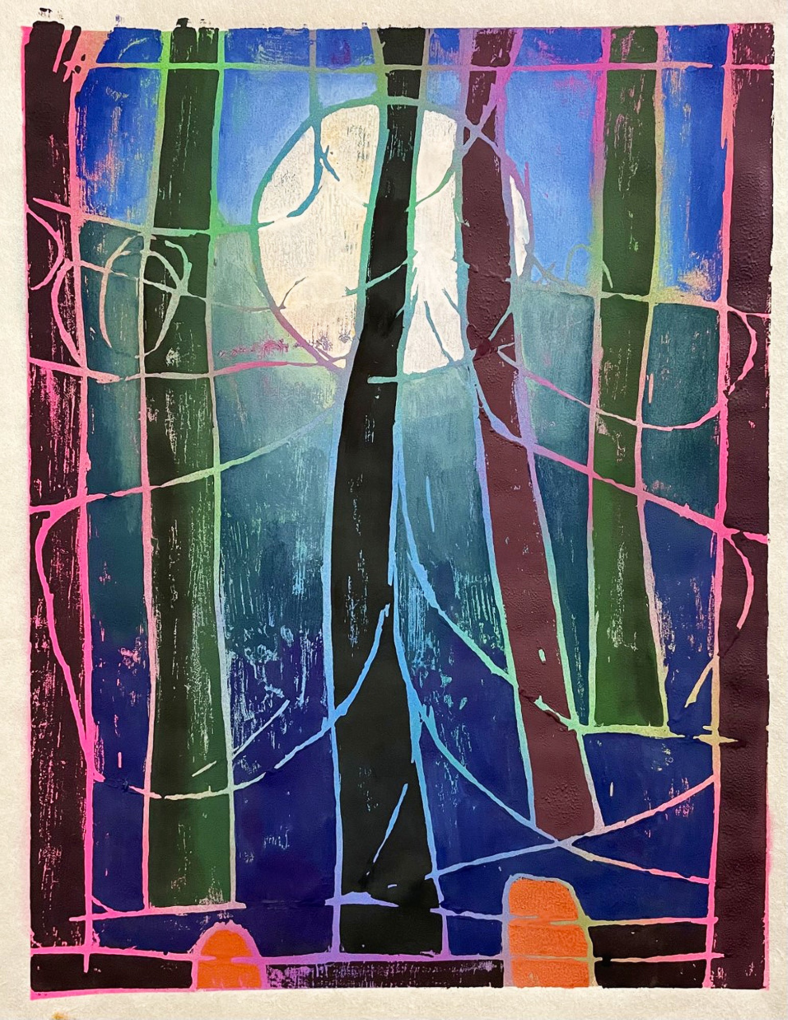 Simon Keenleyside 'Two tree island and moon 102', 2021 Spray paint, ink, mono woodcut on 70gsm Japanese Awagami Kozo paper 38x30cm