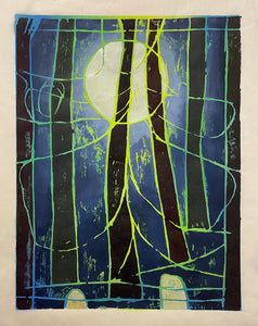 Simon Keenleyside 'Two tree island and moon 104', 2021 Spray paint, ink, mono woodcut on 70gsm Japanese Awagami Kozo paper 38x30cm