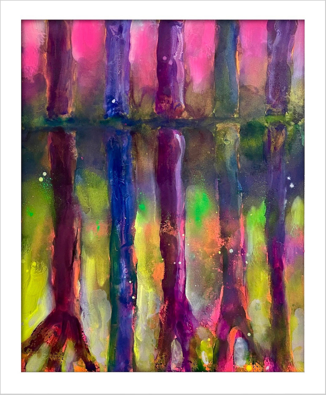 Simon Keenleyside 'Woods (green, purple & pink)', 2021 Watercolour, spray paint, ink on Fabriano Artistico paper 640gsm 47x38cm