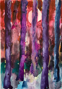 Simon Keenleyside 'Woods with moon (pink and purple)', 2021 Watercolour, spray paint, ink on Fabriano Artistico 640gsm paper 38x28cm