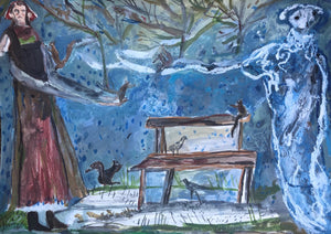 Melissa Kime 'Charlie's ghost showing me how to handle the squirrels', 2021 Acrylic, watercolour, oil bar, oil pastel, pencil on paper 21x29.7cm