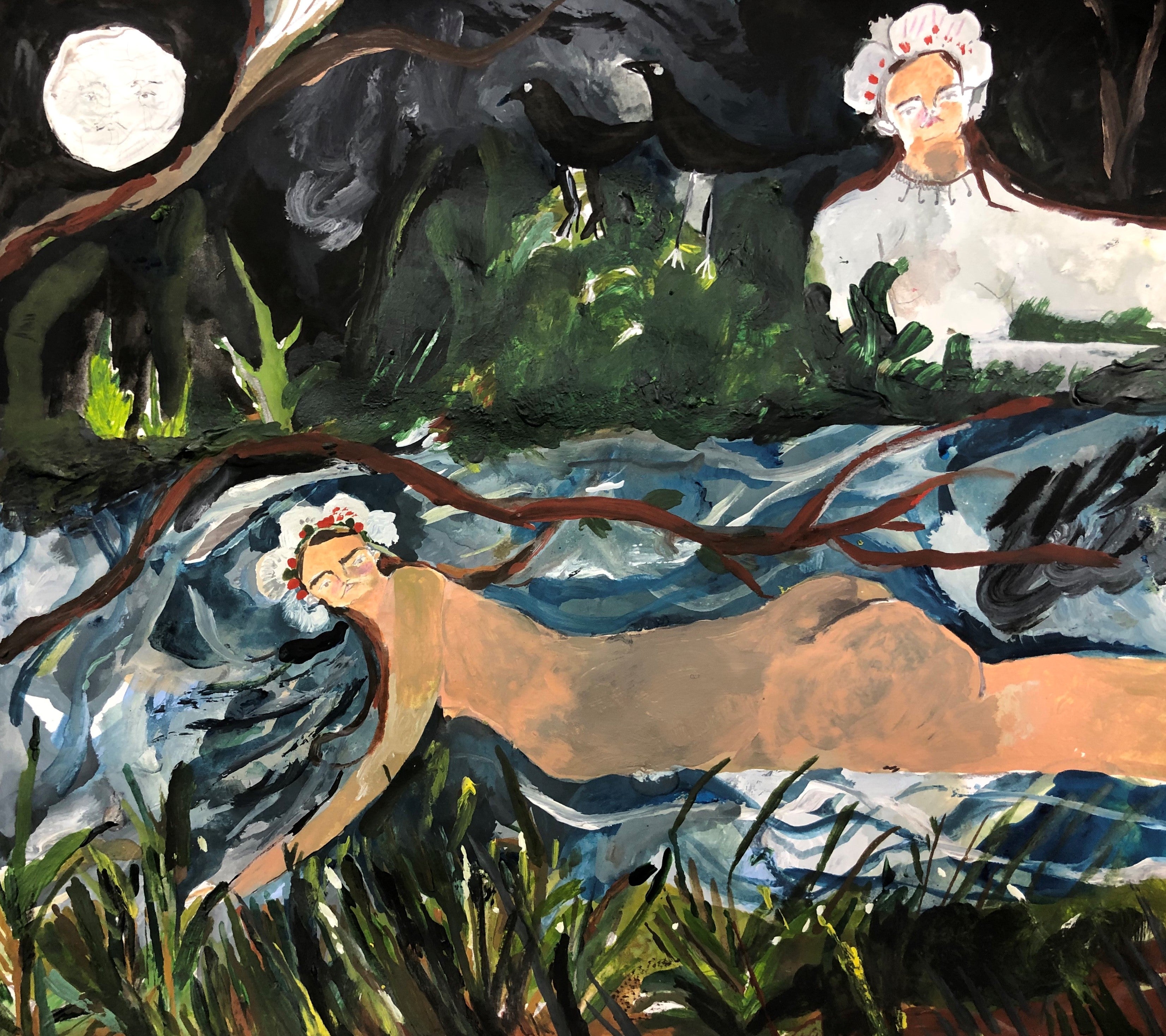 Melissa Kime 'Night Swimming with two crows for luck', 2020 Acrylic, gouache, coloured pencil, pencil on paper 25x25cm