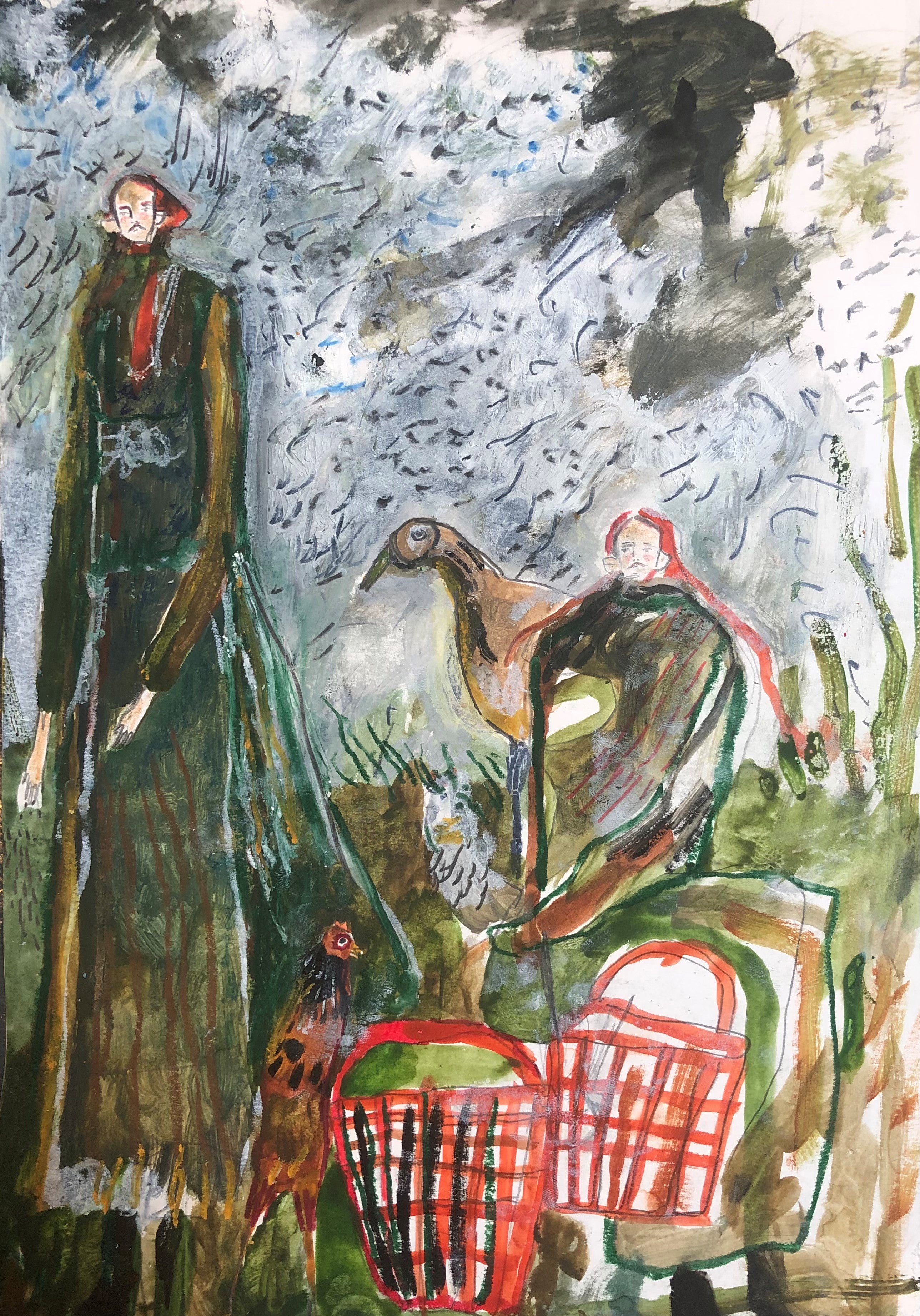 Melissa Kime 'Pheasant girls with basket bags', 2021 Oil pastel, acrylic, watercolour, pencil oil bar on paper 29.7x21cm