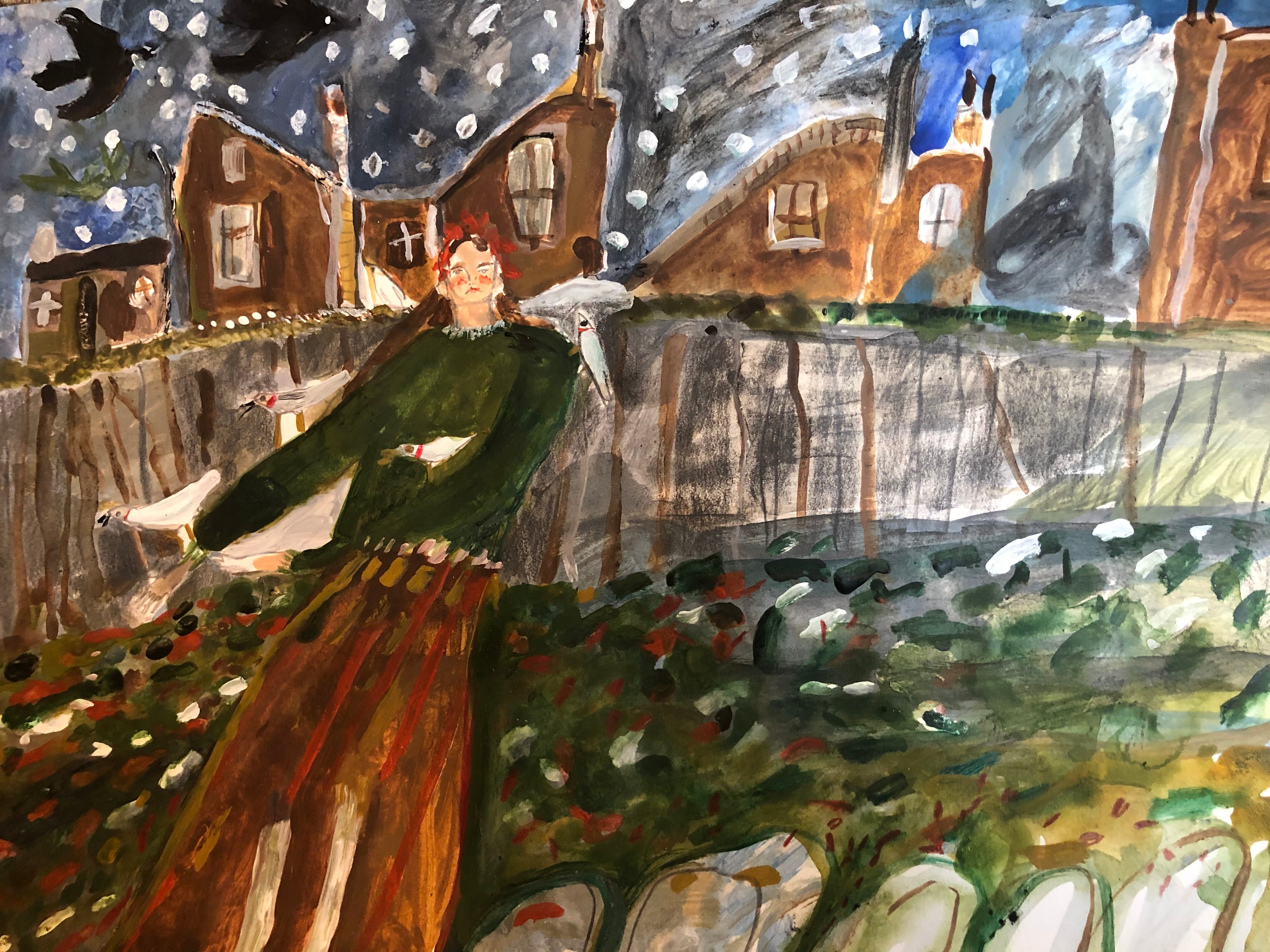Melissa Kime 'Pidgeon bird girl', 2022 Acrylic, watercolour, coloured pencil on paper 21x29.7cm