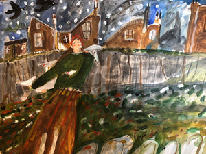 Melissa Kime 'Pidgeon bird girl', 2022 Acrylic, watercolour, coloured pencil on paper 21x29.7cm