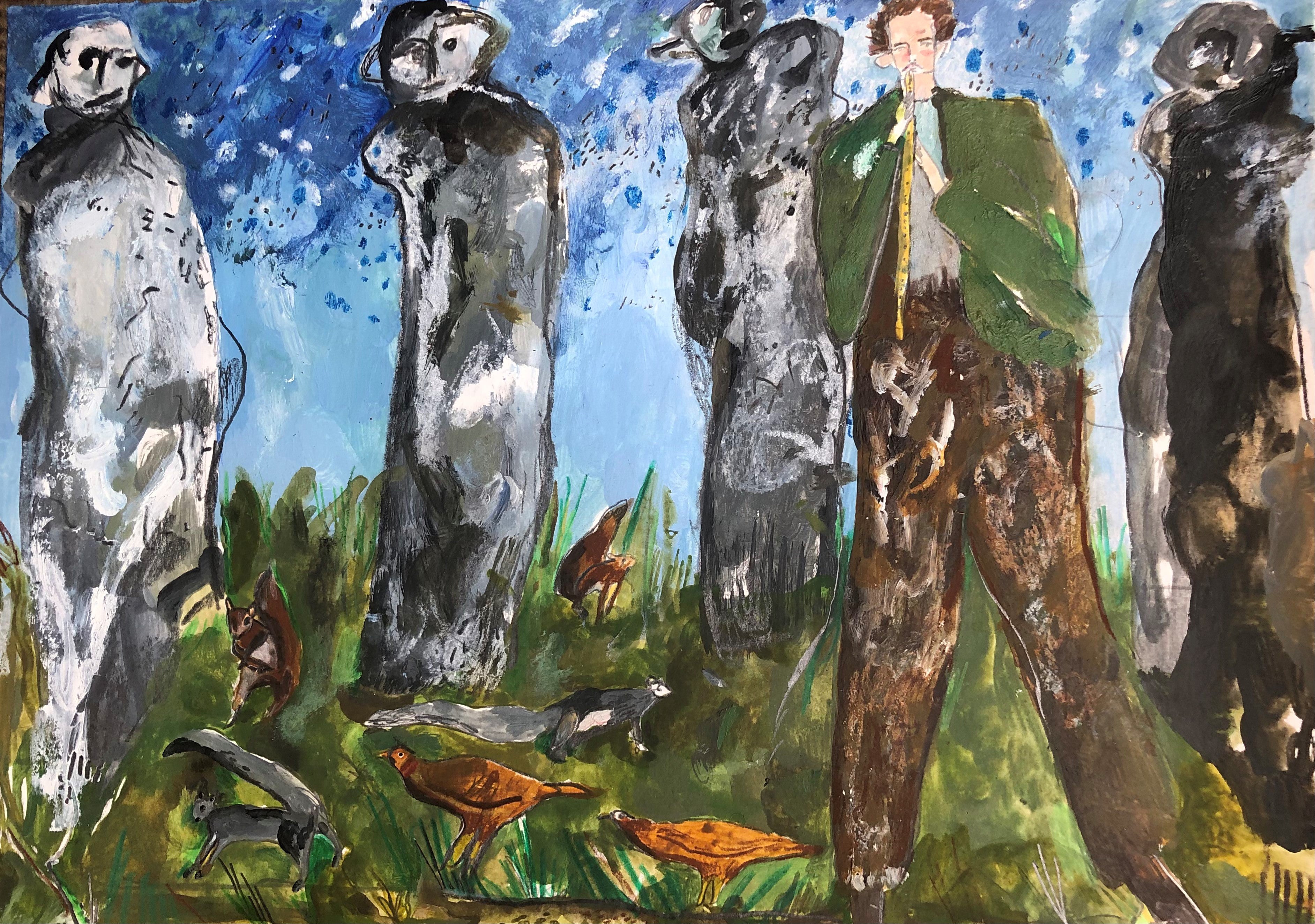 Melissa Kime 'Piper, pheasants, squirrels and standing stones'. 2021 Acrylic, watercolour, coloured pencil on paper 21x29.7cm