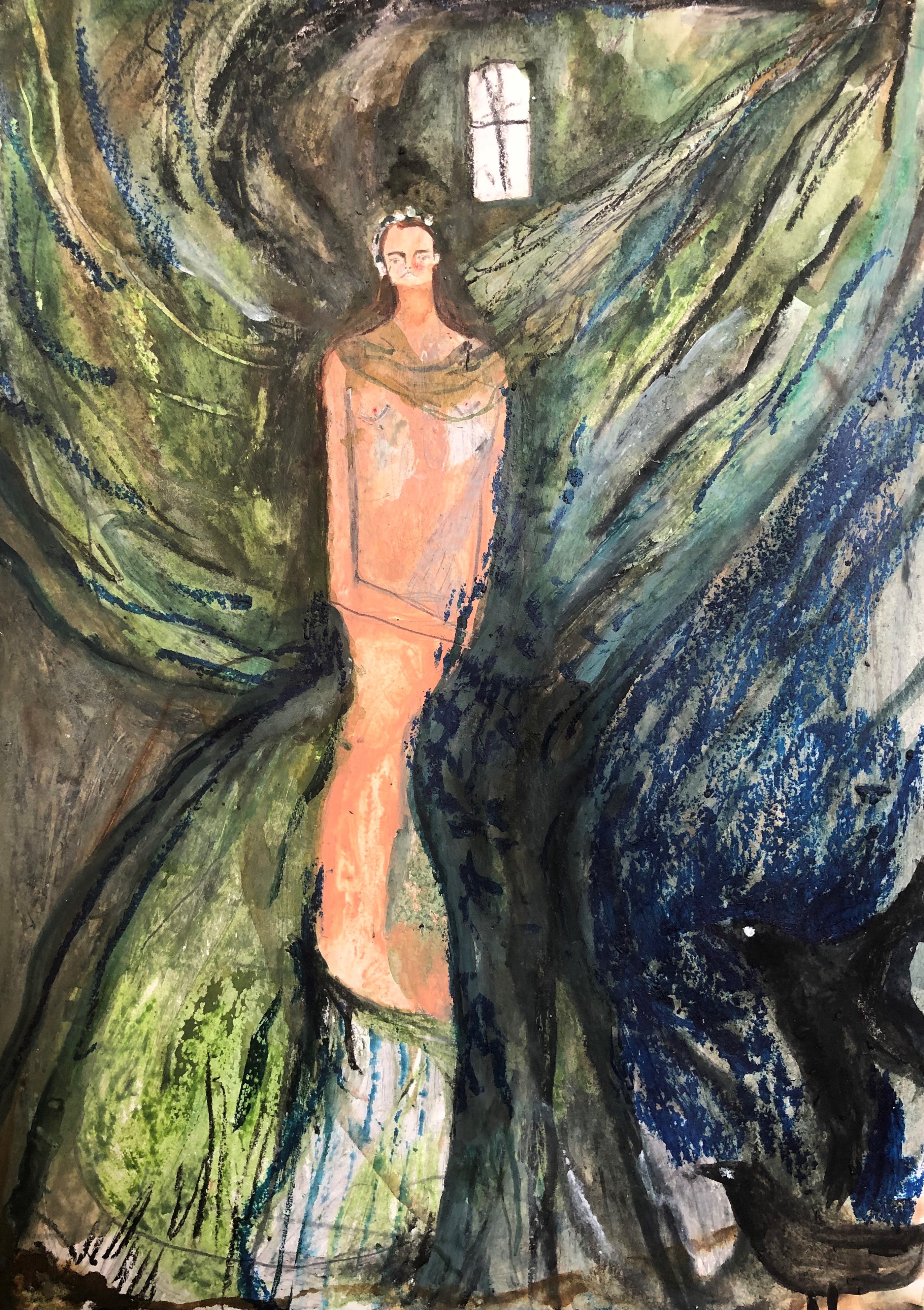 Melissa Kime 'When she came to the window', 2020 Oil pastel, acrylic, watercolour, oil bar on paper 29.7x21cm
