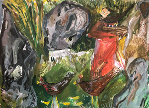 Melissa Kime 'egg collecting shadowed by the presence of the guarding stones', 2021 Acrylic, watercolour, oil bar, pencil on paper 21x29.7cm
