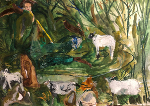 Melissa Kime 'protecting his flock', 2021 Acrylic, watercolour, oil bar, oil pastel on paper 21x29.7cm