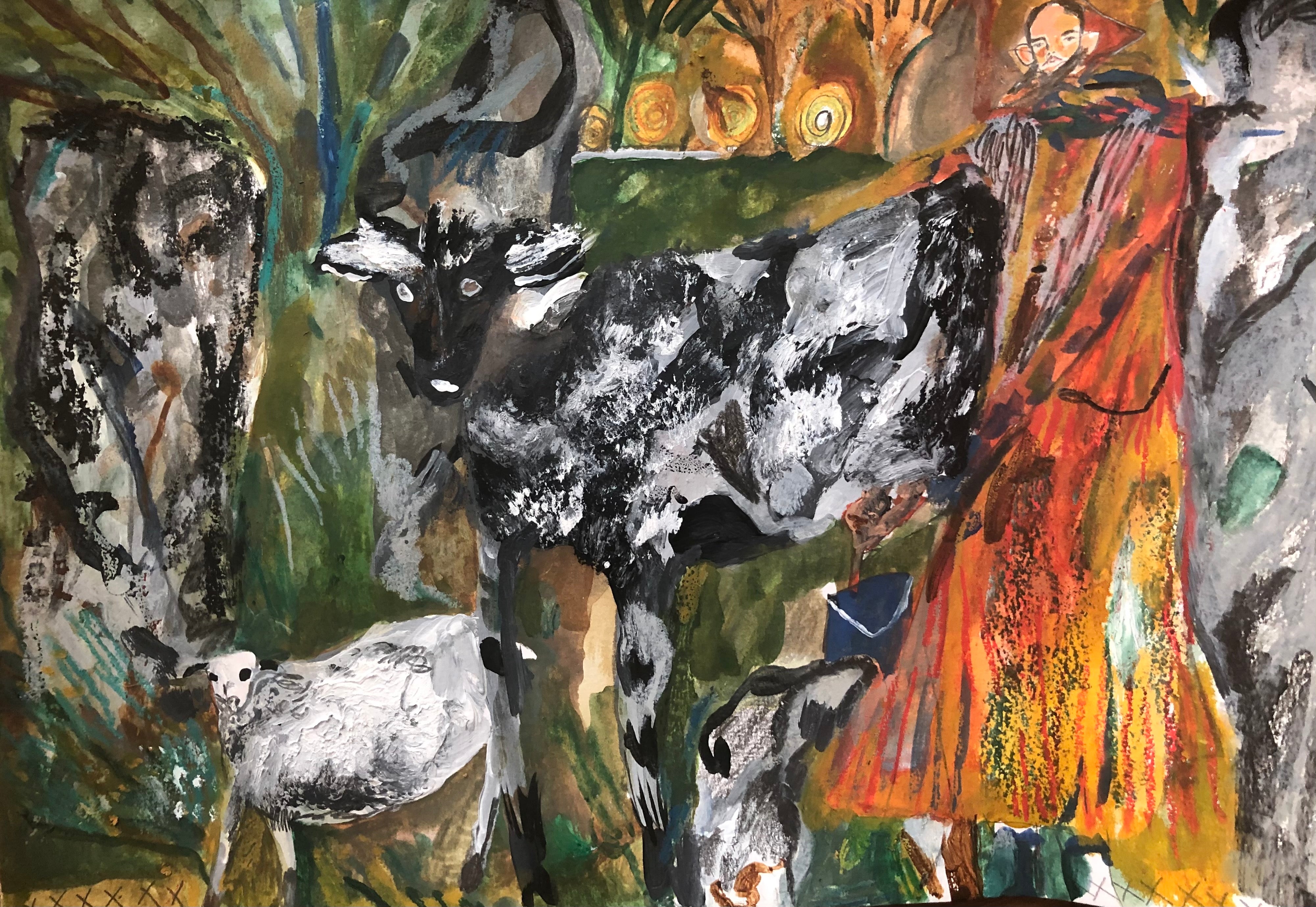 Melissa Kime 'she carved Marian marks into the milk churns during milking season', 2021 Acrylic, watercolour, oil bar, pencil on paper 21x29.7cm