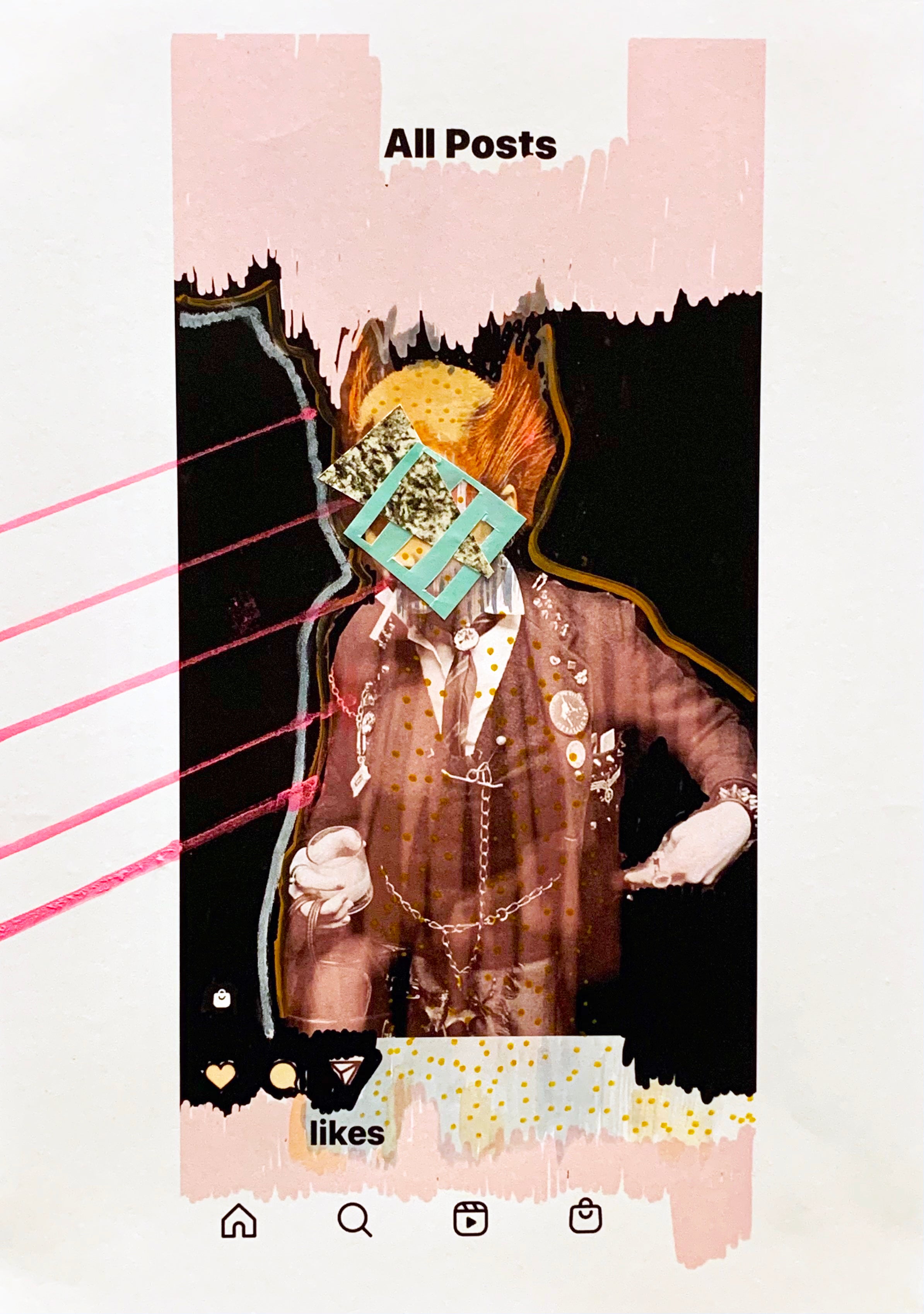Sarah Jane Hender 'Likes', 2021 Acrylic, watercolour, chalk, collage on digital print 29.7x21cm