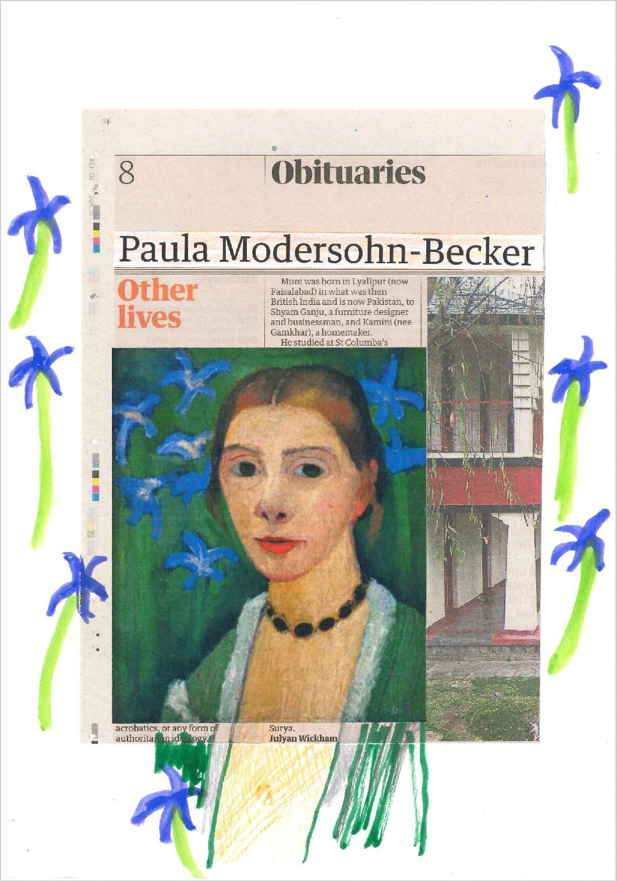 Hugh Mendes 'Paula Modersohn-Becker 2', 2021 Graphite, coloured pencil, newspaper collage on paper 29.7x21cm