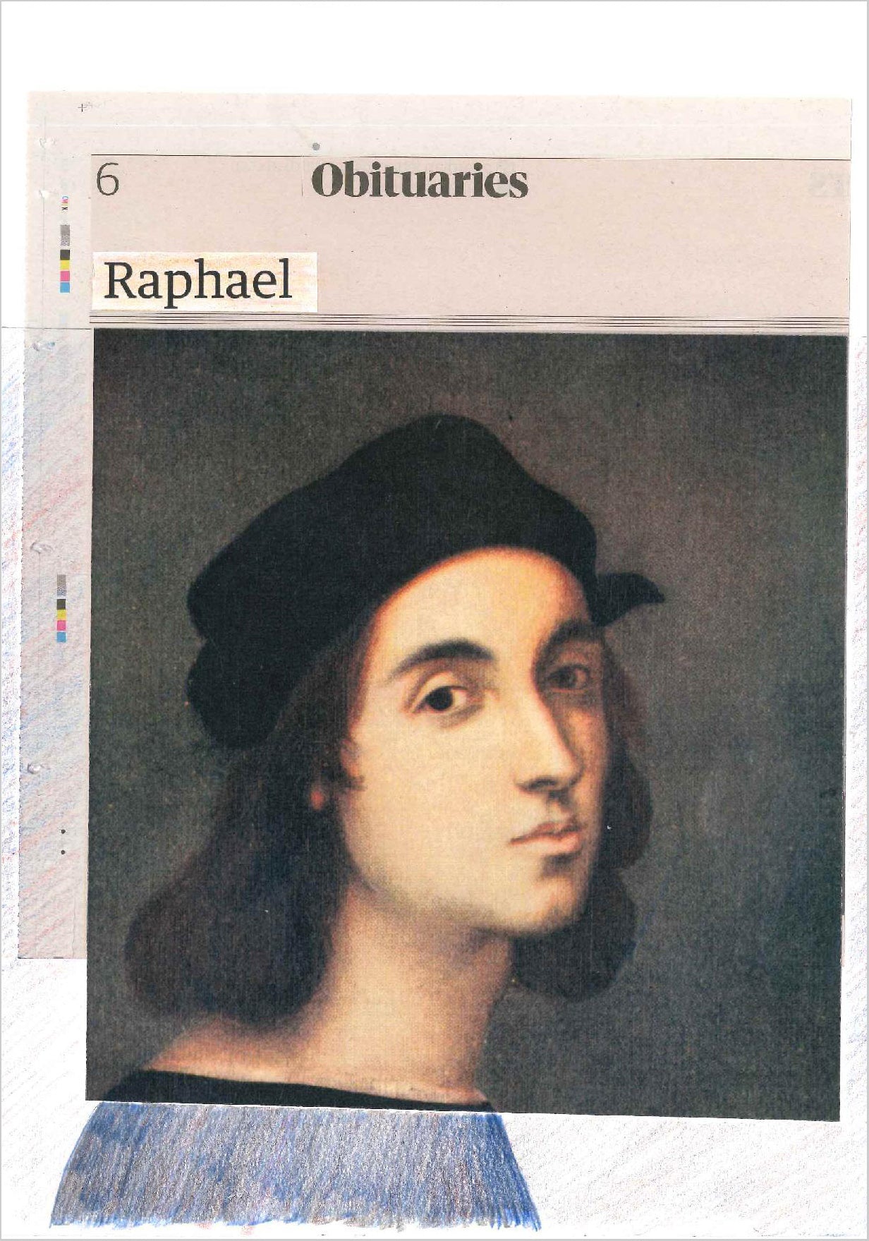 Hugh Mendes 'Raphael', 2021 Graphite, coloured pencil, newspaper collage on paper 29.7x21cm