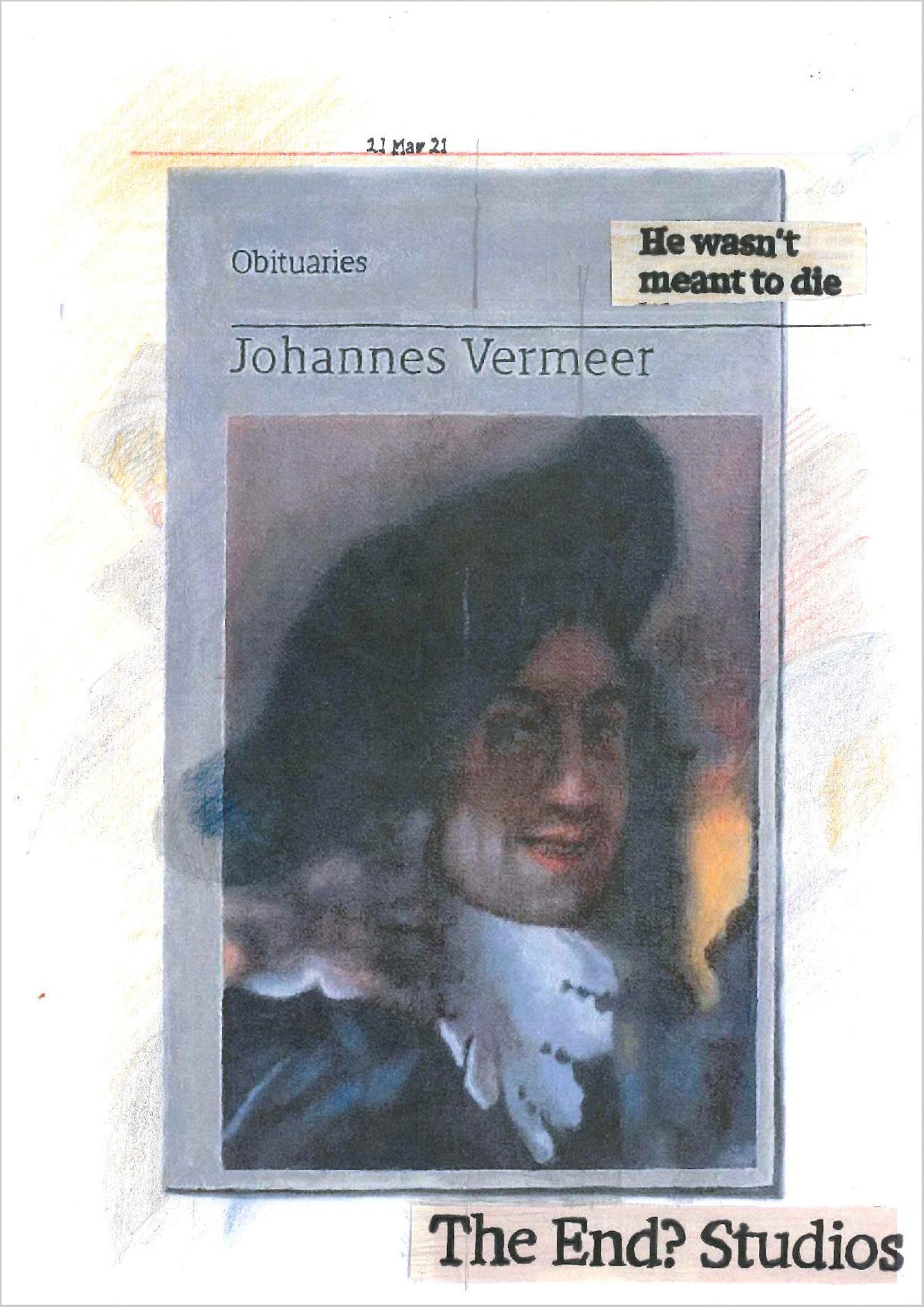 Hugh Mendes 'Vermeer: He wasn't', 2021 Ink, pencil, coloured pencil on digital print 29.7x21cm
