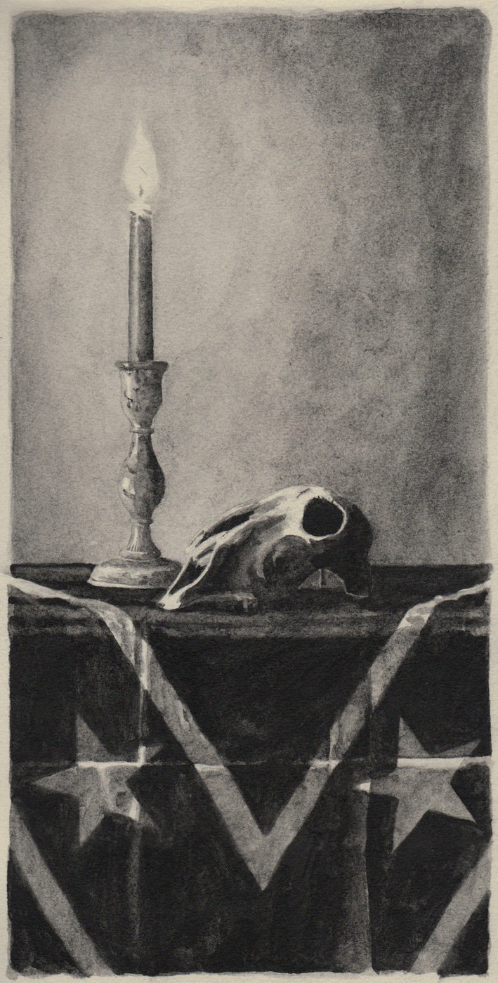 Richard Moon 'Goat's Skull & Candle II', 2020 Water soluble graphite on paper 34x17cm